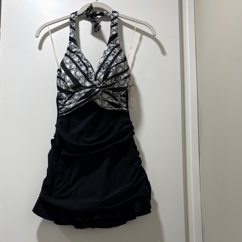 Black and White Halter Swimsuit Dress